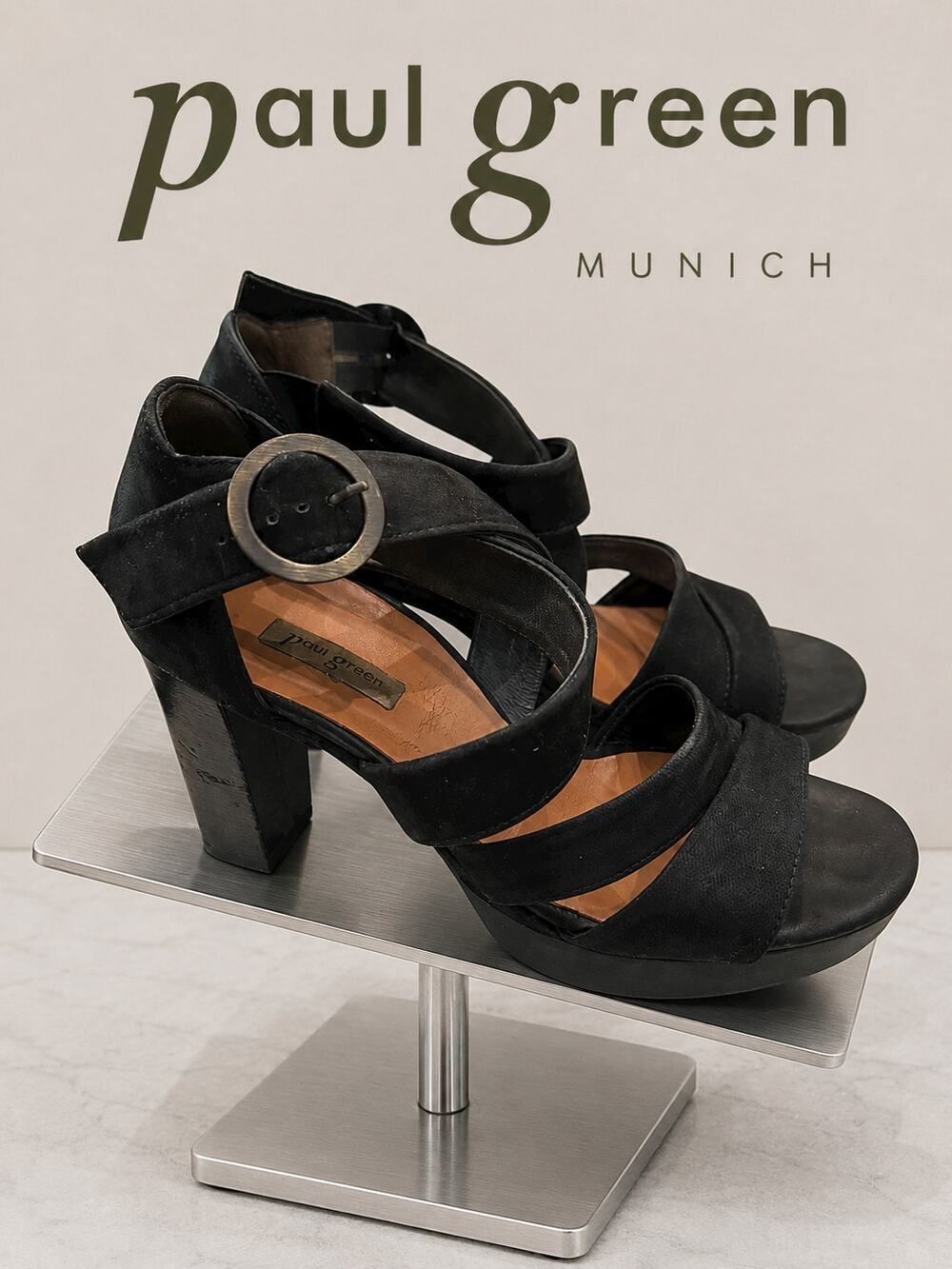 Paul Green Black Nubuck Platform Block Heel Sandals UK 3.5 US 6